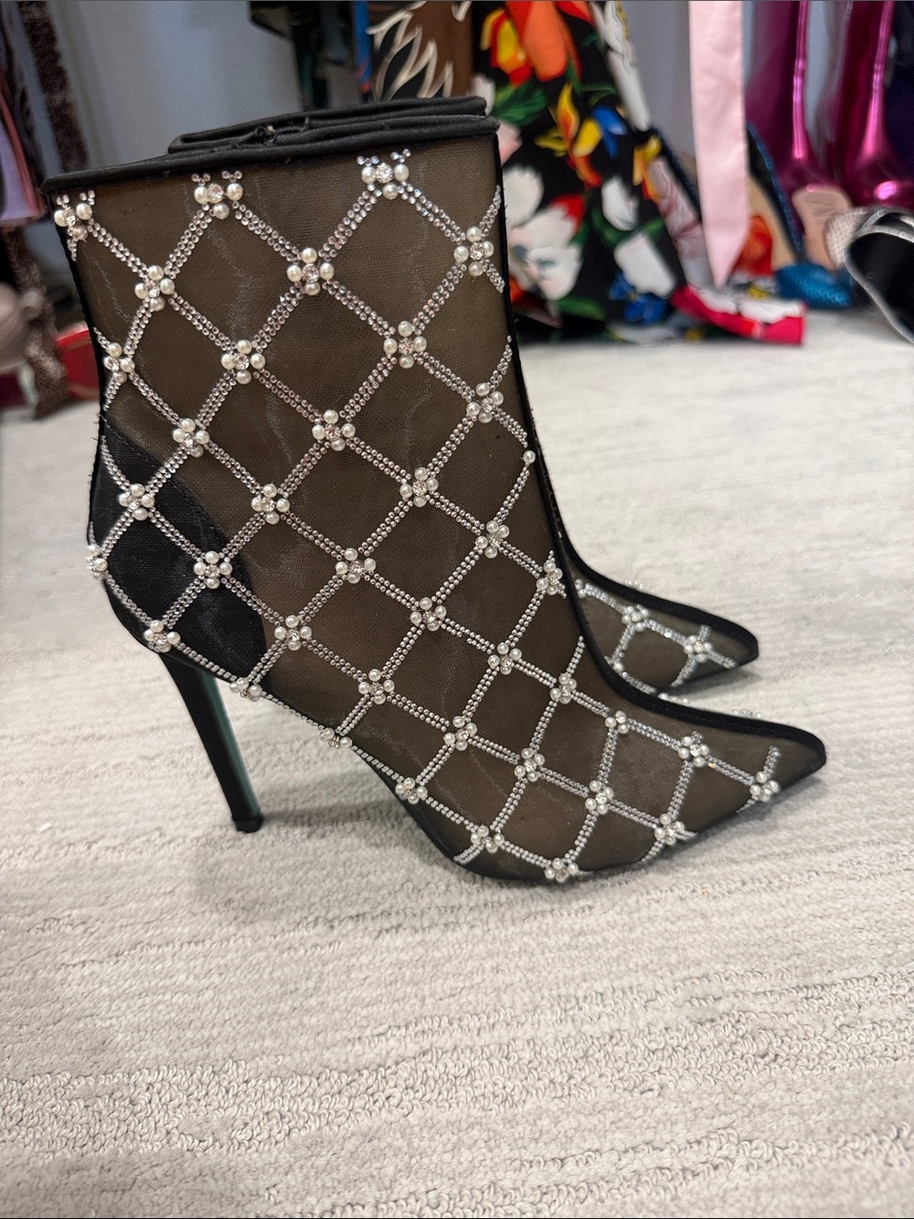 Betsey Johnson Black Mesh Ankle Boots with Pearl & Crystal Lattice - Picture 2 of 7